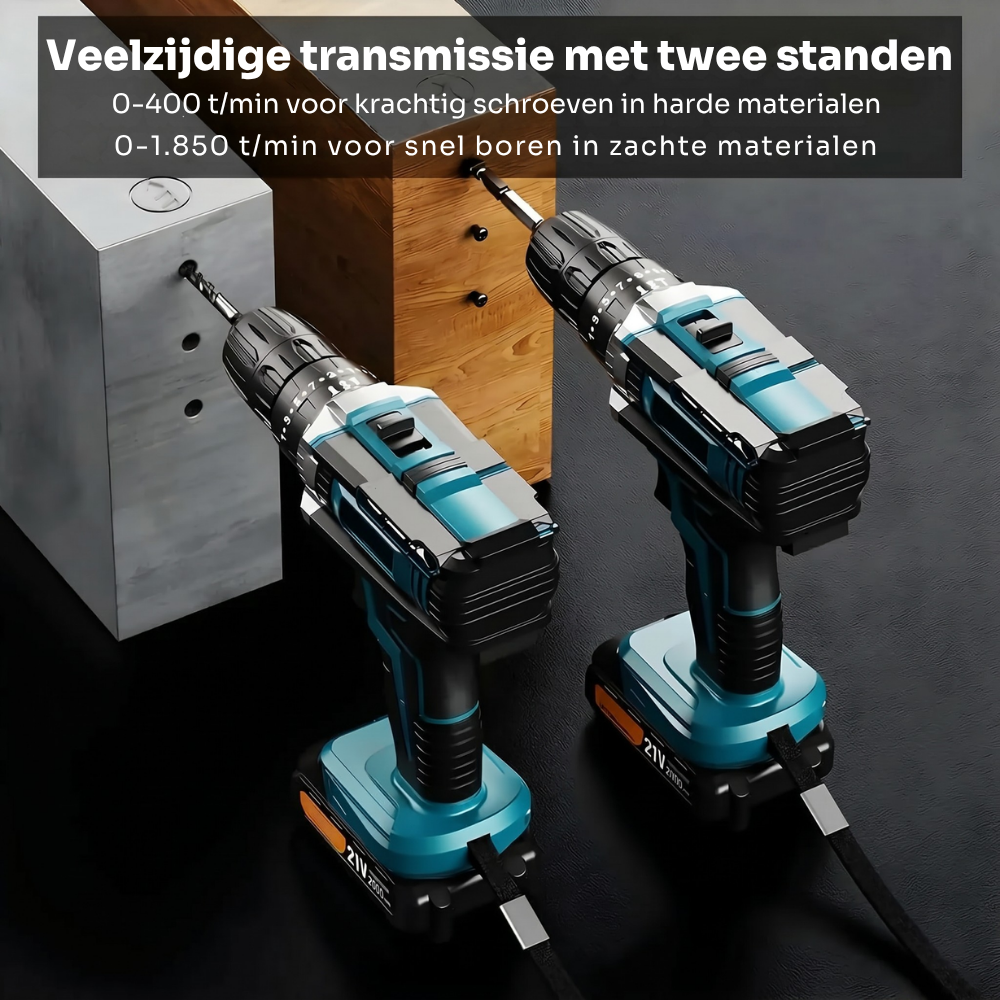Accuboormachine Pro Set met 2 accu's, klopboorfunctie & 30-delige accessoireset