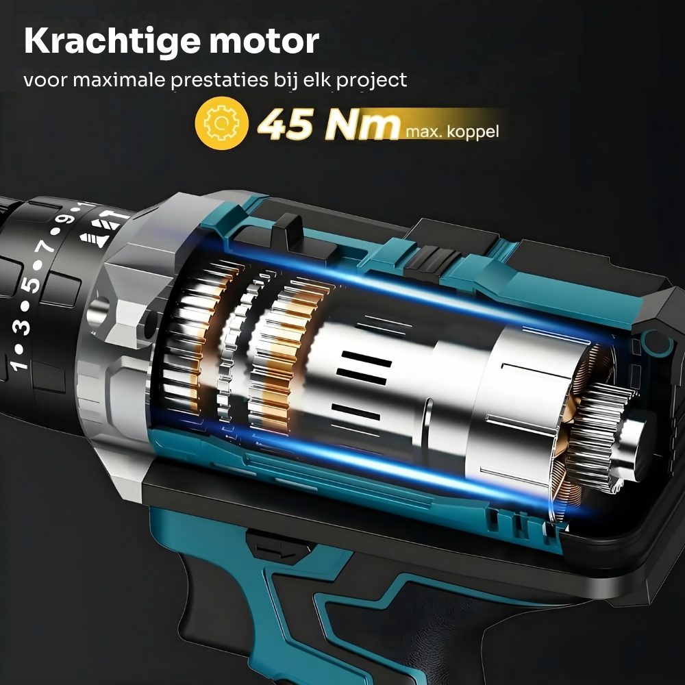 Accuboormachine Pro Set met 2 accu's, klopboorfunctie & 30-delige accessoireset