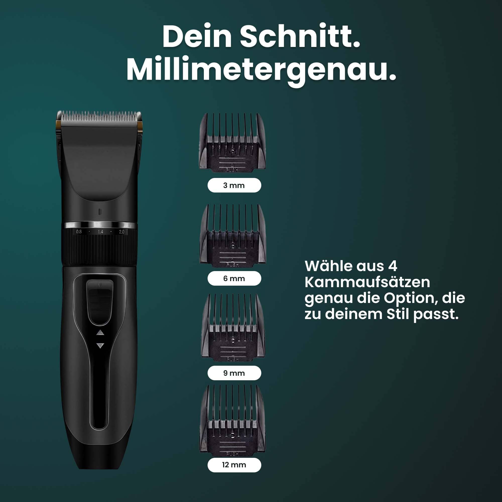 Elektrischer Haarschneider für Männer / Wiederaufladbar / Akku-Bartrasierer / 4 verschiedene Aufsätze / Selbstschärfende Titan-Klinge