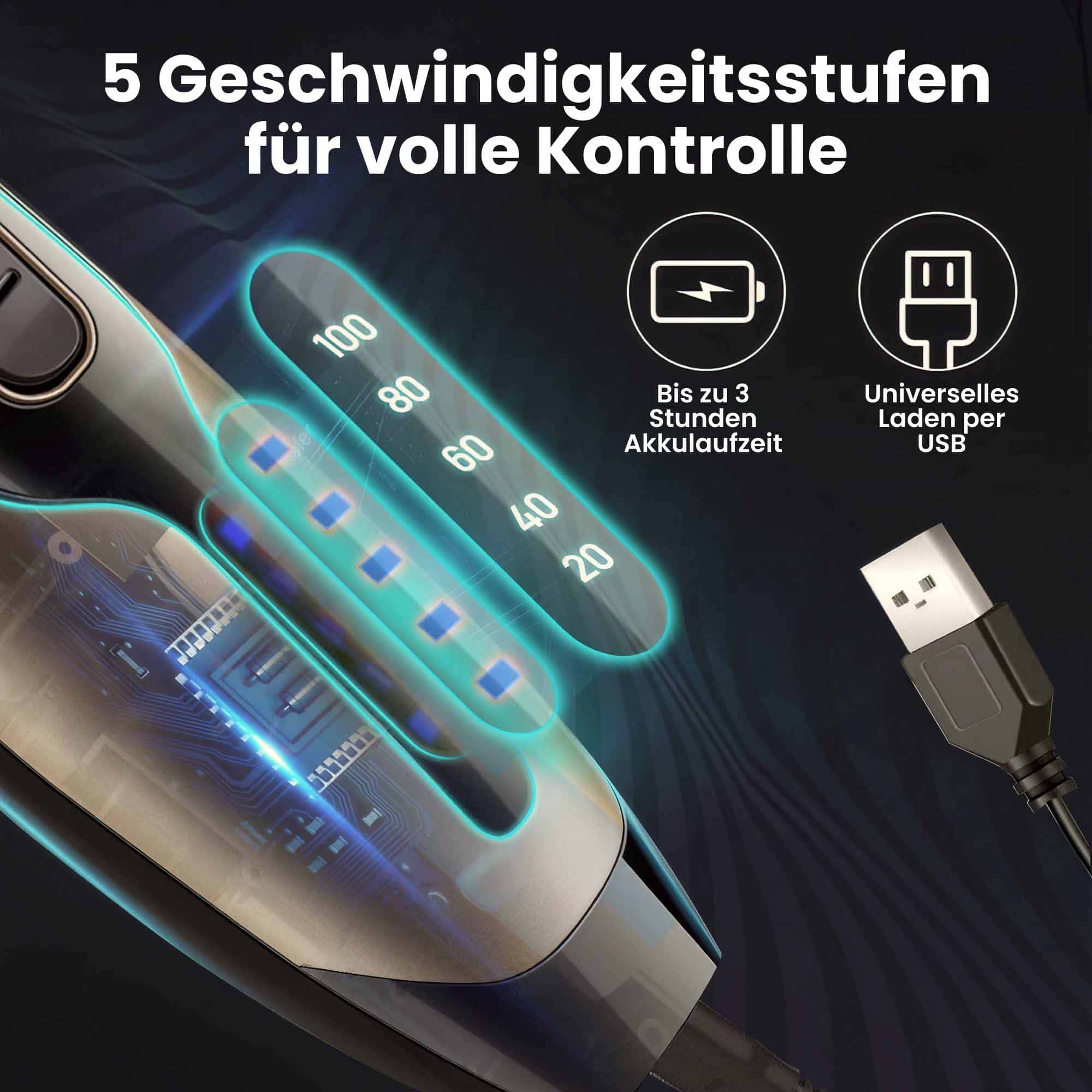 Elektrischer Haarschneider für Männer / Wiederaufladbar / Akku-Bartrasierer / 4 verschiedene Aufsätze / Selbstschärfende Titan-Klinge