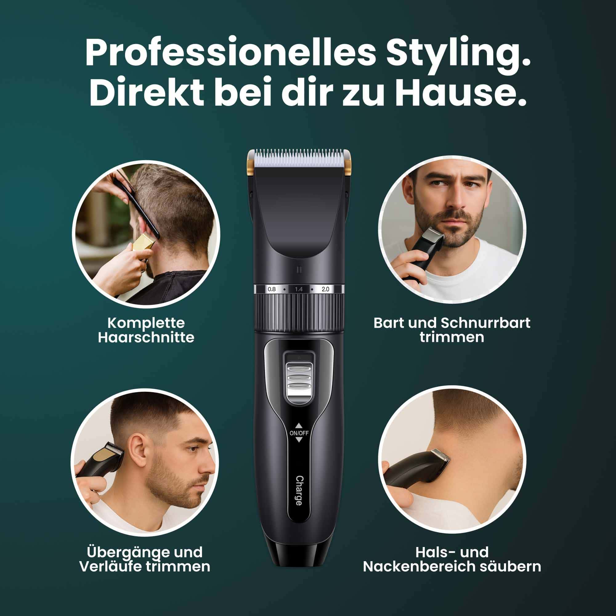 Elektrischer Haarschneider für Männer / Wiederaufladbar / Akku-Bartrasierer / 4 verschiedene Aufsätze / Selbstschärfende Titan-Klinge
