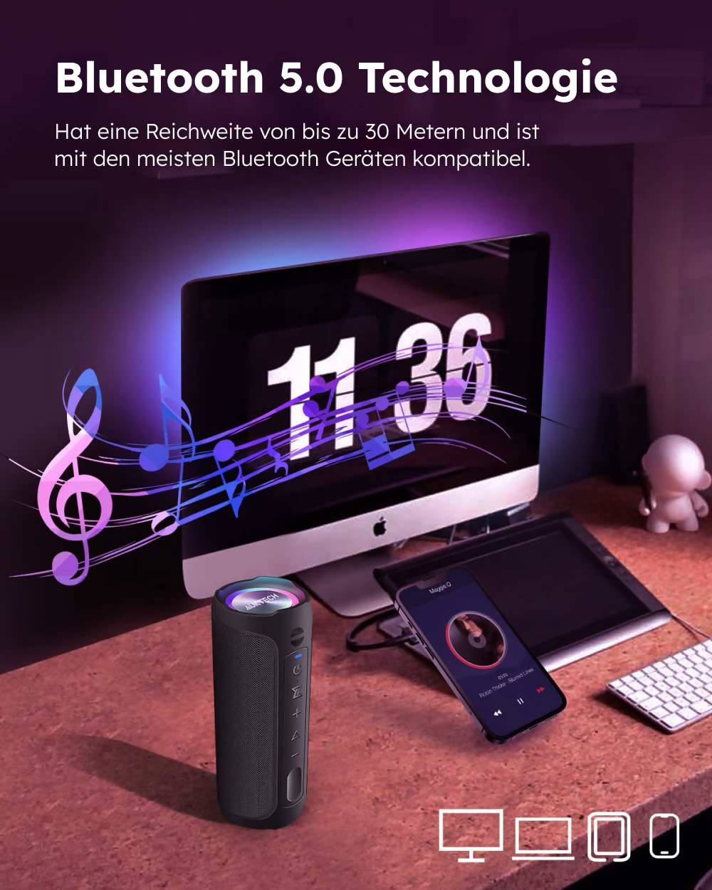 Bluetooth Lautsprecher Pro / Kraftvoller Stereo Sound / IPX7 Wasserdicht / Freisprechfunktion / Optionales LED Licht / 20H Akkulaufzeit