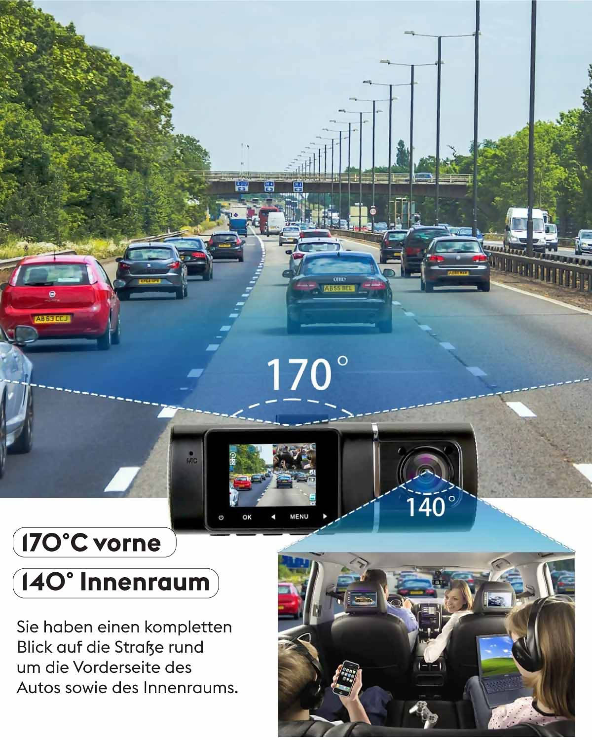 Dashcam, Autokamera mit 1080P / 32GB SD-Karte / 310° Weitwinkelansicht / mit Parküberwachung, Bewegungserkennung / Infrarot Nachtsicht