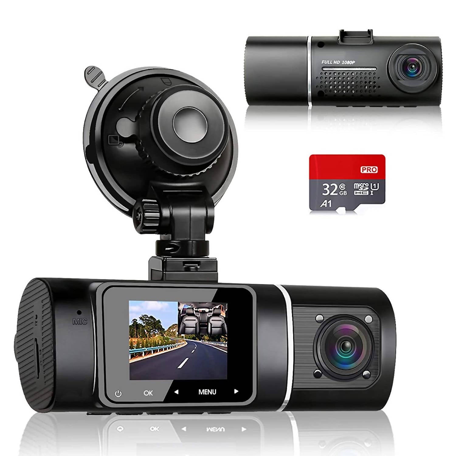 Dashcam, Autokamera mit 1080P / 32GB SD-Karte / 310° Weitwinkelansicht / mit Parküberwachung, Bewegungserkennung / Infrarot Nachtsicht