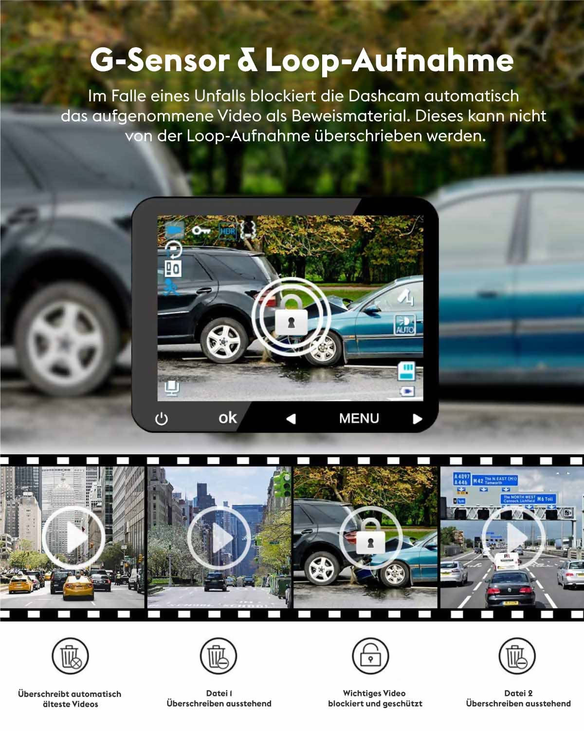 Dashcam, Autokamera mit 1080P / 32GB SD-Karte / 310° Weitwinkelansicht / mit Parküberwachung, Bewegungserkennung / Infrarot Nachtsicht