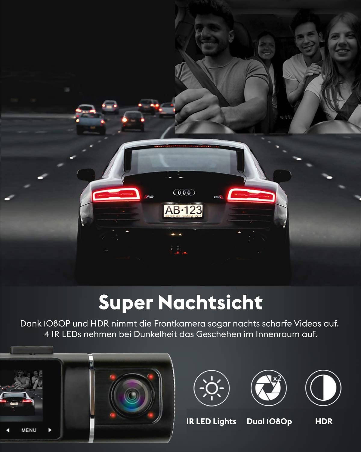 Dashcam, Autokamera mit 1080P / 32GB SD-Karte / 310° Weitwinkelansicht / mit Parküberwachung, Bewegungserkennung / Infrarot Nachtsicht